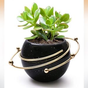 Black Ceramic Planet Planter with Gold Orbit Rings Accents - space celestial NWT